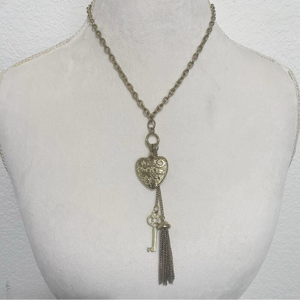 Heart Pendant Necklace with Key and Tassel Costume Jewelry